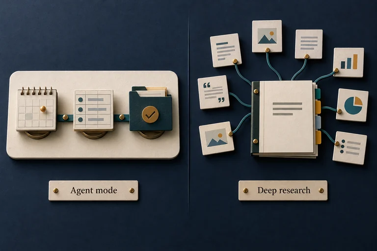 One workstream completes a sequence of tasks while another assembles sources into a research report.
