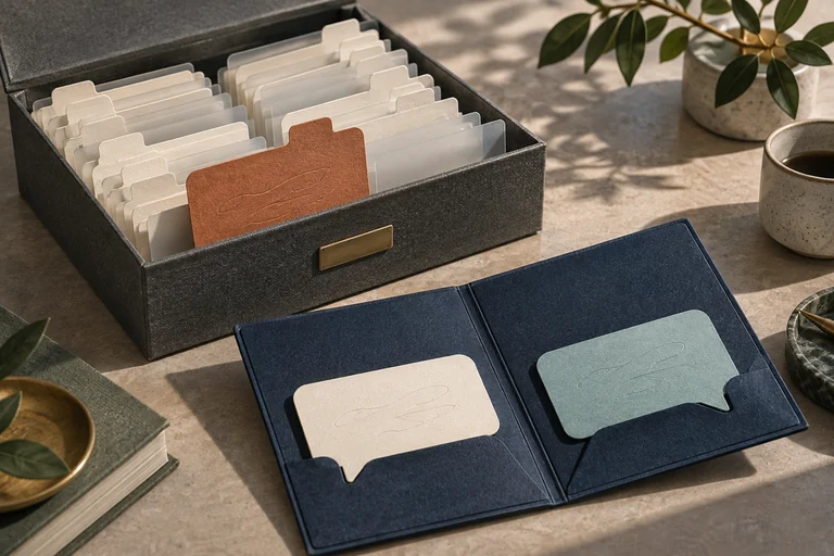Selected conversation cards are retrieved from an archive and brought into a new conversation.