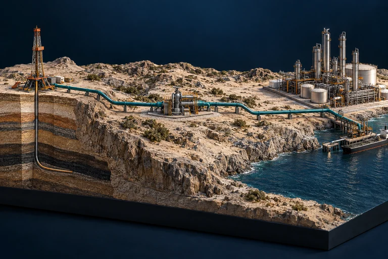 A continuous pipeline connects a well site, a transport corridor, and a refinery in a cutaway landscape.