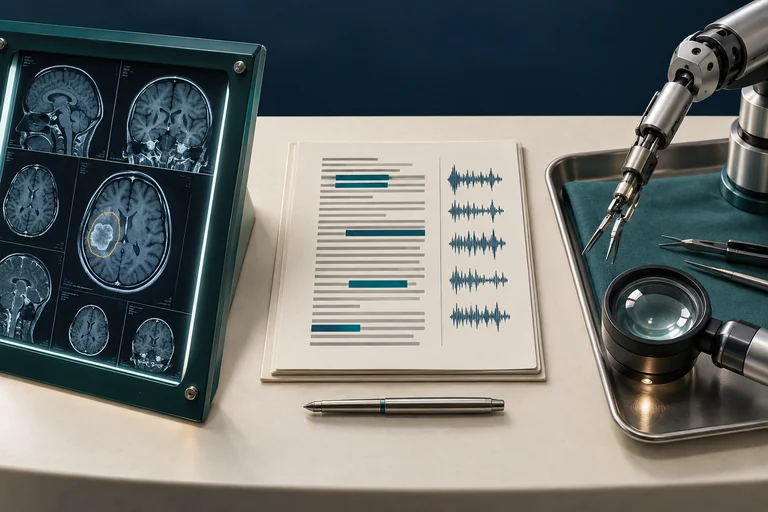 Medical imaging, clinical language, and precision instruments illustrate three healthcare AI applications.