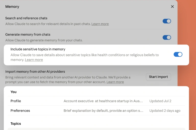 Claude Memory settings showing chat search, memory controls, and saved topics, from Anthropic’s product example.