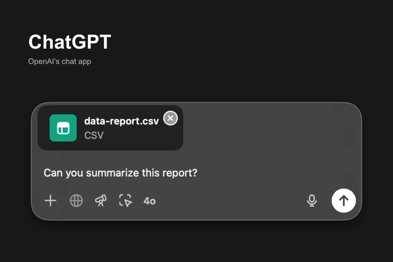 ChatGPT’s macOS Chat Bar with a CSV file attached and a request to summarize the report, from OpenAI’s help documentation.