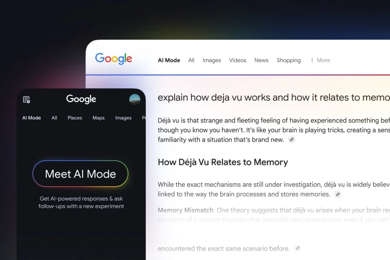 Google’s published AI Mode example showing the search interface, an answer about déjà vu, and source-link icons.