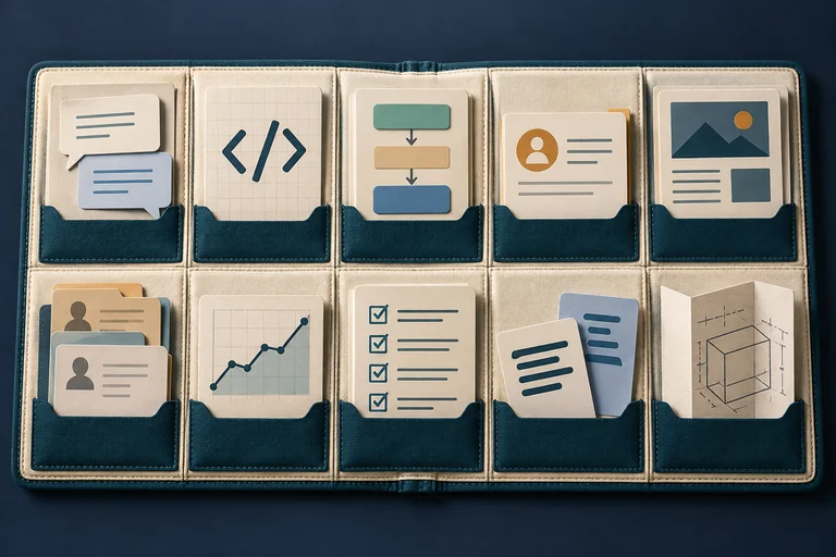 Ten practical work cards organize support, development, operations, sales, marketing, hiring, analysis, risk, translation, and product planning.