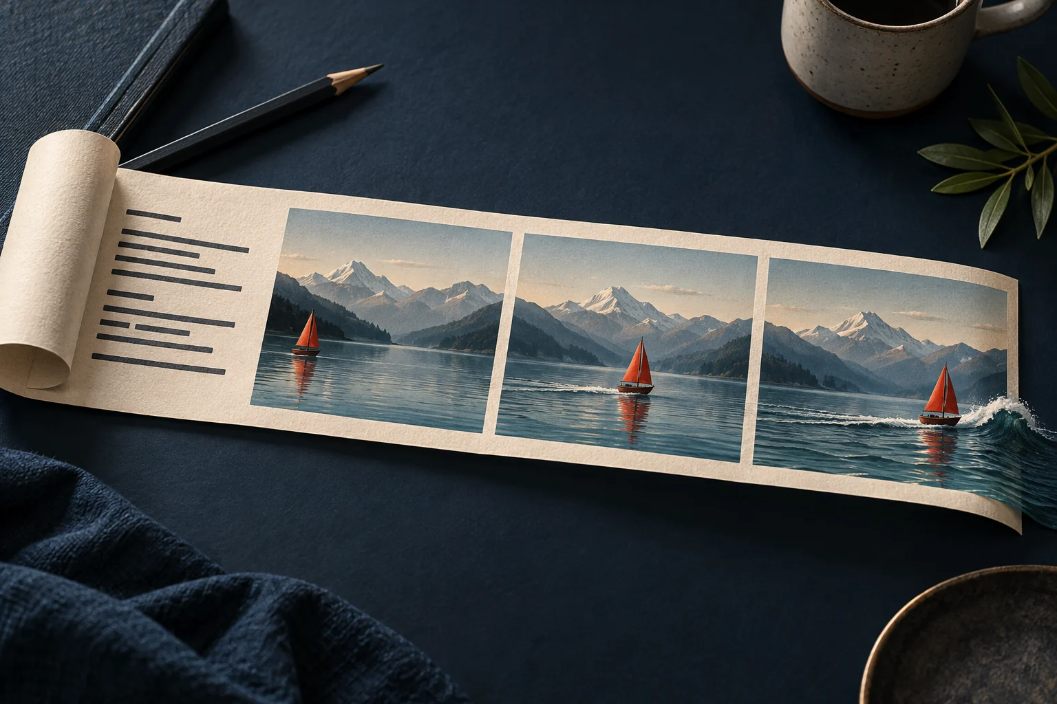 A written scene becomes a sequence of cinematic frames showing a red sailboat moving across the water.