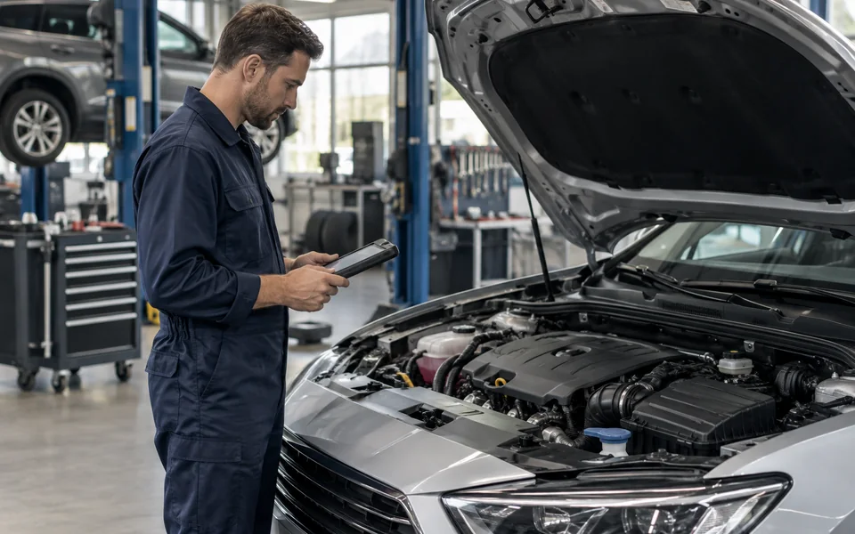 A technician inspecting a car in a clean automotive service workshop.