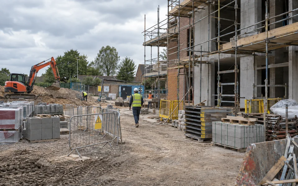 Workers and a compact excavator at an active building site.