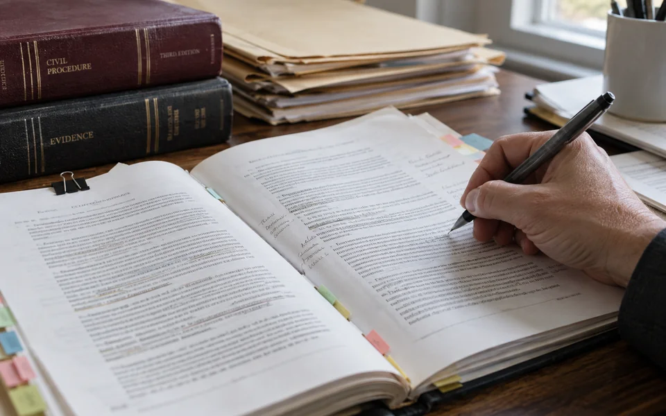 A lawyer annotating a case file beside tabbed reference books.