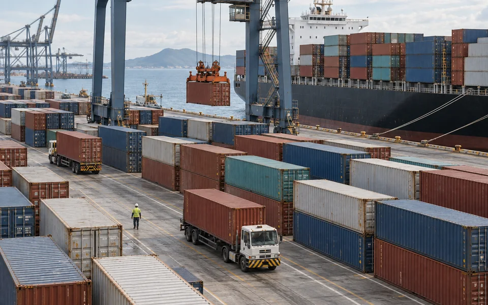 Shipping containers and port cranes beside a freight vessel.