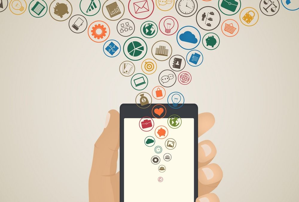 Mobile app development concept, Cloud media icons around tablet